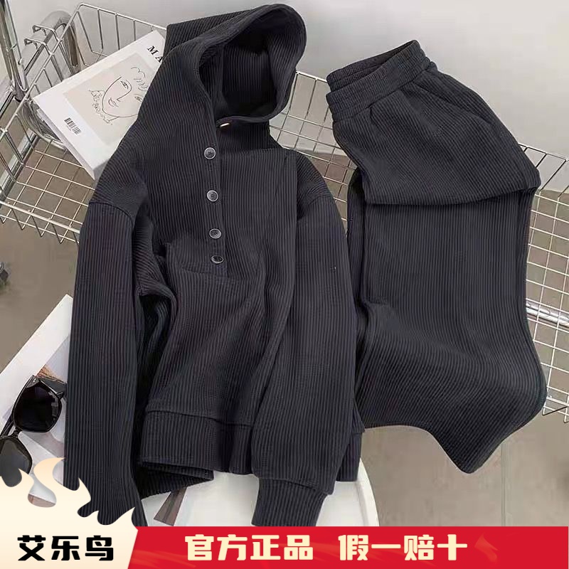新款秋冬加绒韩版港味宽松休闲运动服套装女连帽卫衣阔腿裤两件套