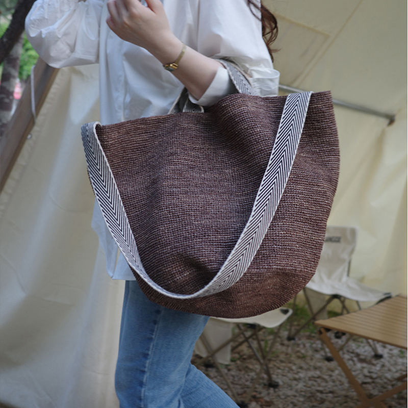 拉菲草大容量手提包单肩包外贸原单森系复古草编包度假拍照编织包