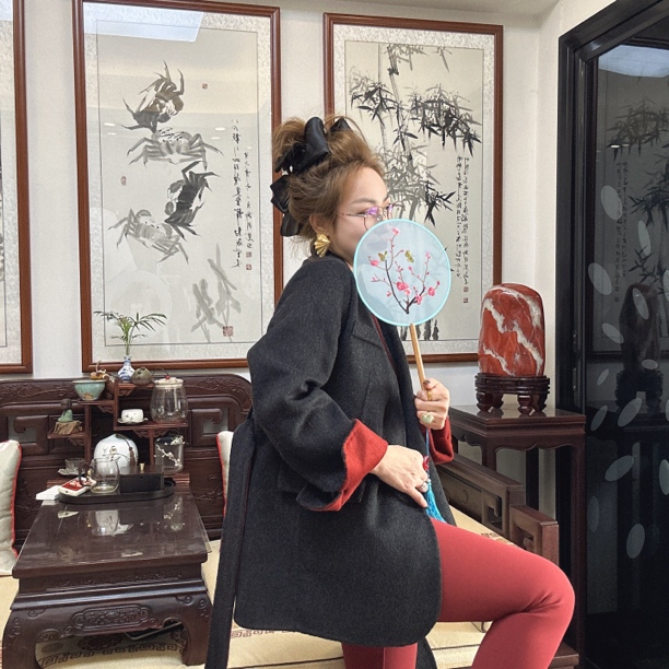 LELE 简约中长款腰带羊毛大衣气质百搭外套