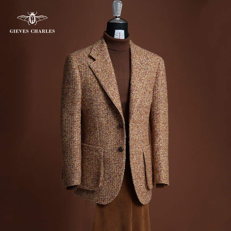 “皇家花呢”小香风编织粗花呢西服外套男士商务宴会混纺花呢西服