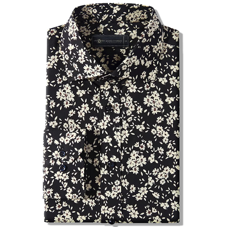GIEVES CHARLES时尚印花图案花衬衫黑色男士纯棉长袖休闲衬衣男