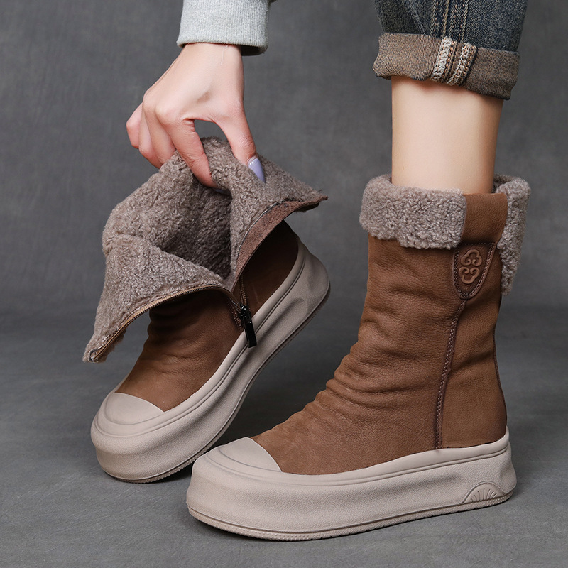 真皮雪地靴女中筒羊羔毛头层牛皮冬季新款保暖加绒厚底增高中筒靴