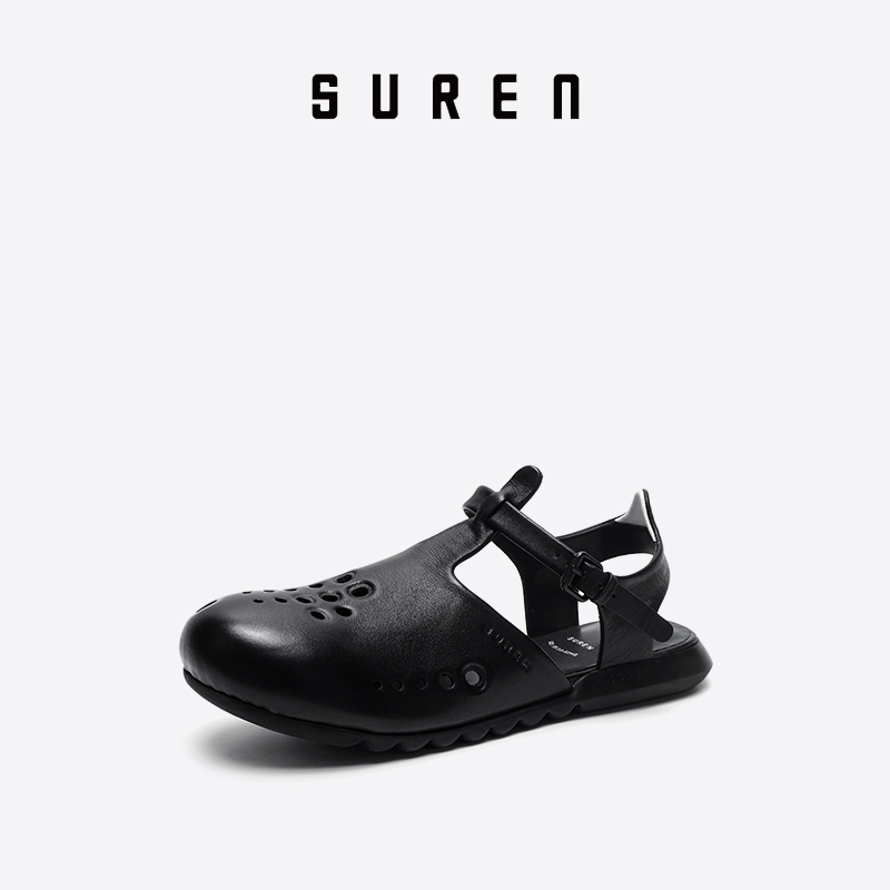 素人SUREN 原创设计小众女士上班通勤一脚蹬凉鞋真皮洞洞鞋240