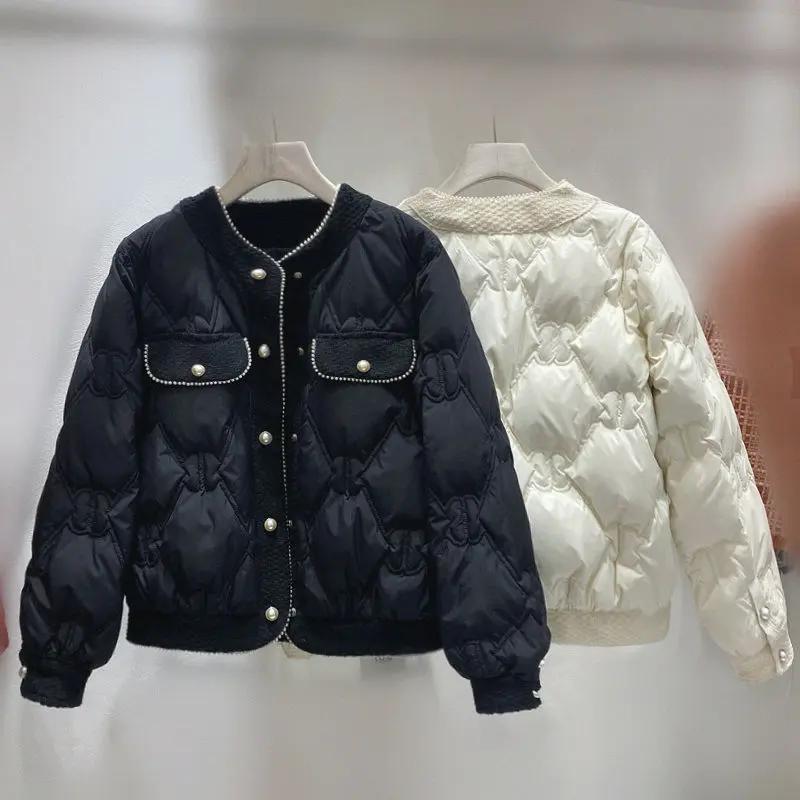 波司断码波司断码23新款羽绒服欧货2023秋冬圆领小香风钉珠拼粗花