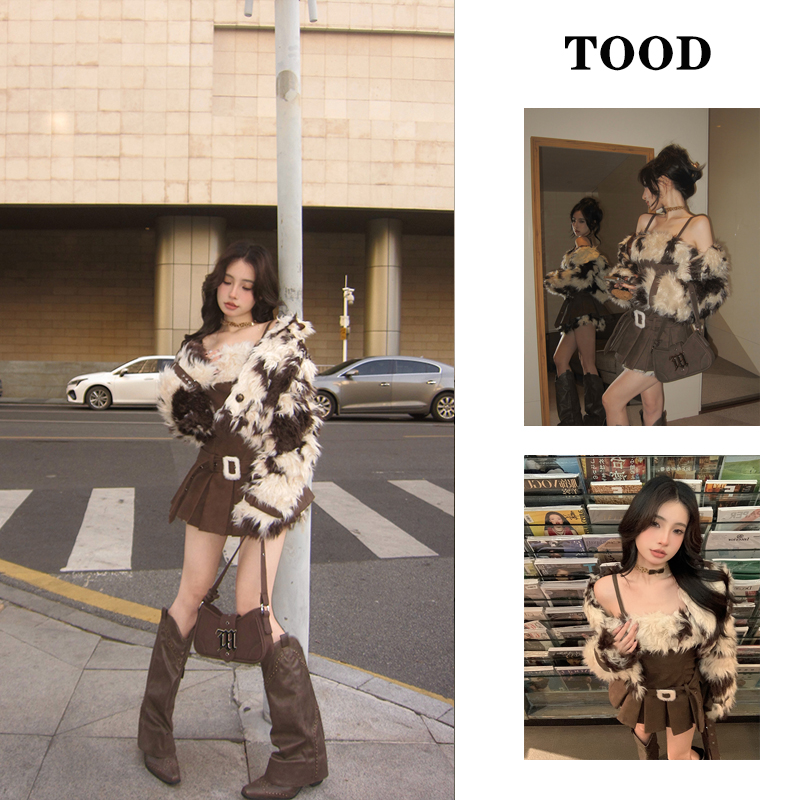 美拉德拼接套装长袖毛毛短外套女装冬季收腰吊带连衣裙短裙两件套