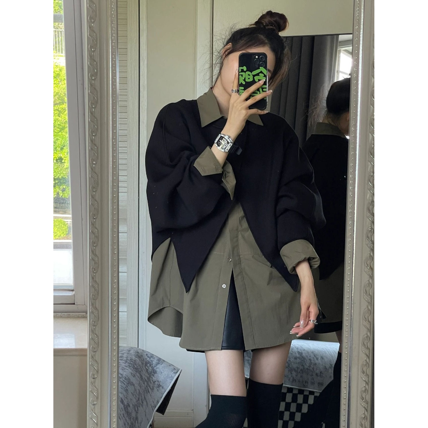 大码女装秋季套装女2023新款美式复古高级感宽松遮肉披肩衬衫短裤