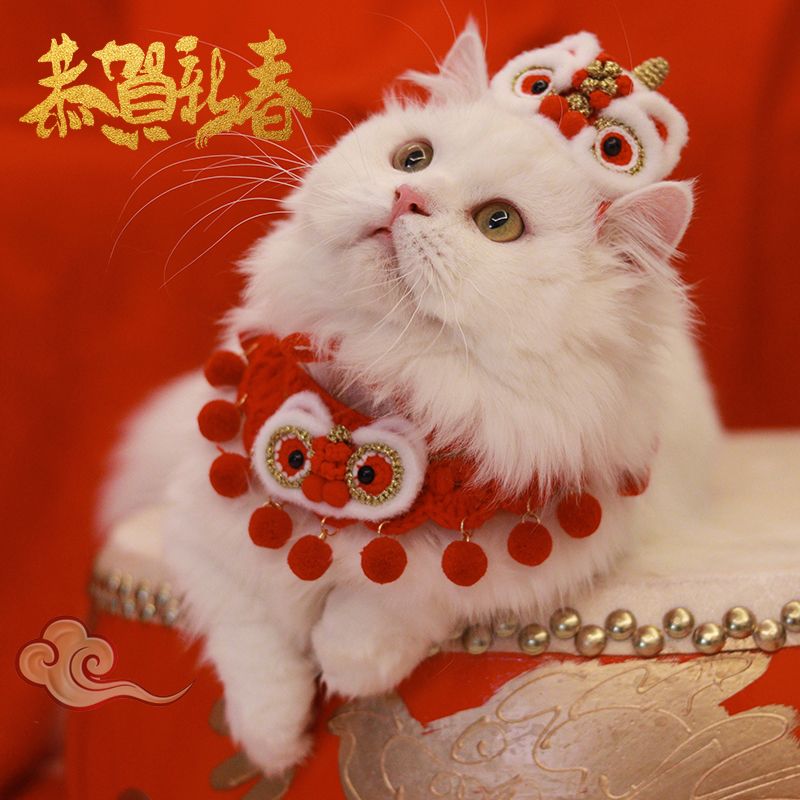 猫咪新年项圈宠物狗狗手工编织毛线围脖醒狮拜年帽子红色喜庆