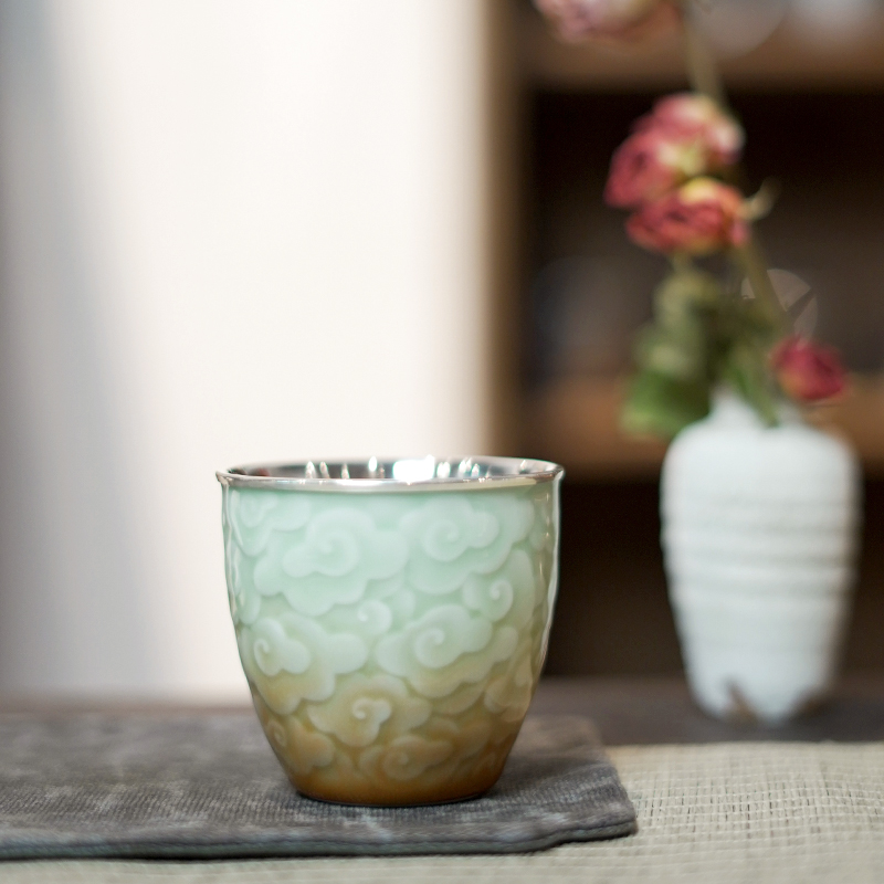 王府银庄 足银999茶杯纯手工包银杯品茗杯主人杯汝窑青瓷杯 云霞