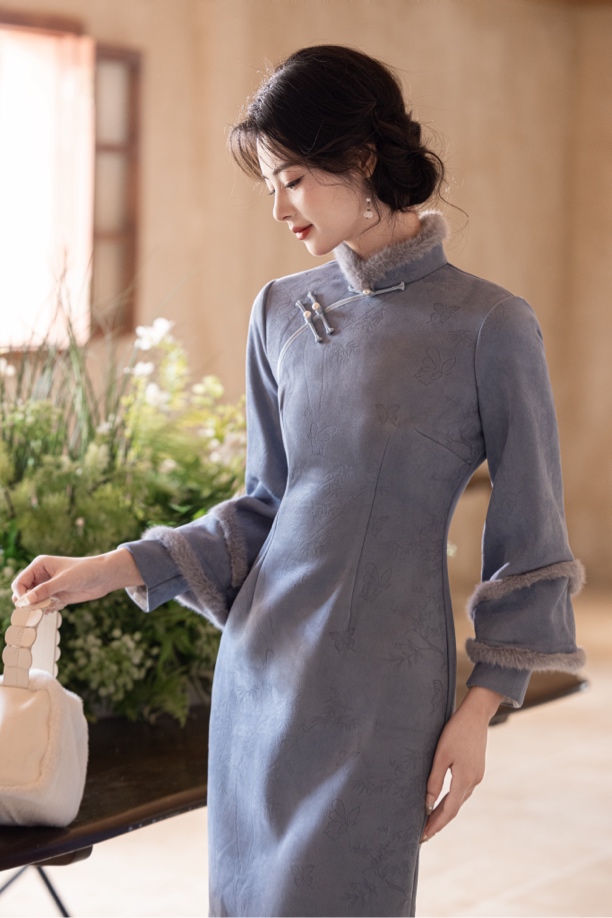 素简衣旗袍-2024冬季新款 高端修身加厚加绒长袖保暖旗袍