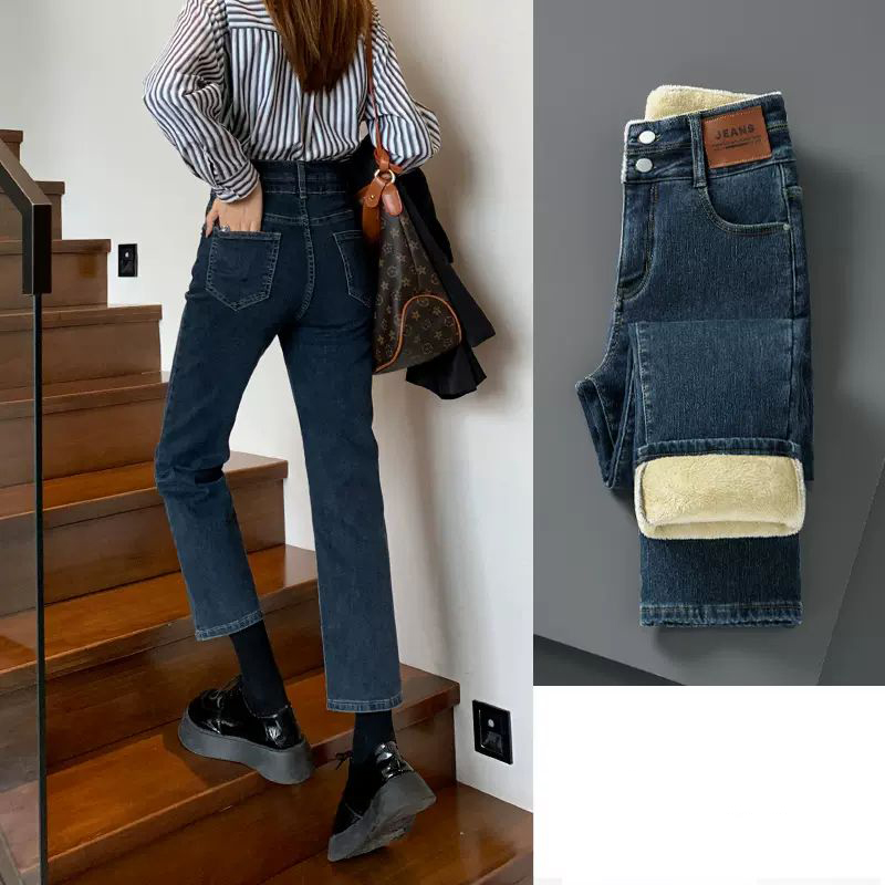 蓝色加绒牛仔裤女装秋冬高腰窄版九分直筒裤小个子烟管法棍裤长裤