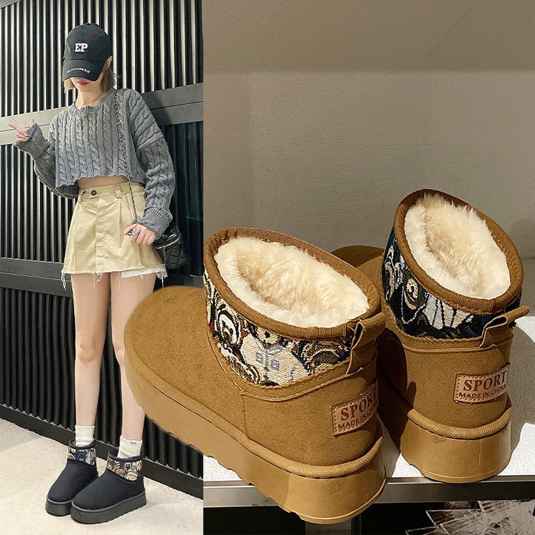 【粉丝专享】刺绣拼接厚底保暖毛毛雪地靴女2023秋冬季加厚防滑棉