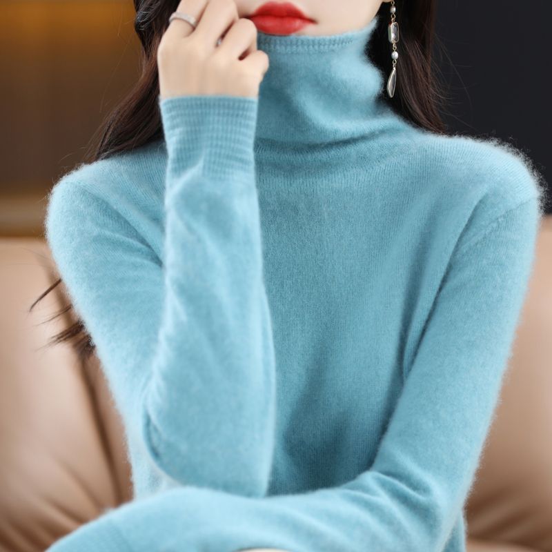 无缝上衣100%纯羊毛衫女堆堆领秋冬内搭高领宽松套头羊绒打底毛衣