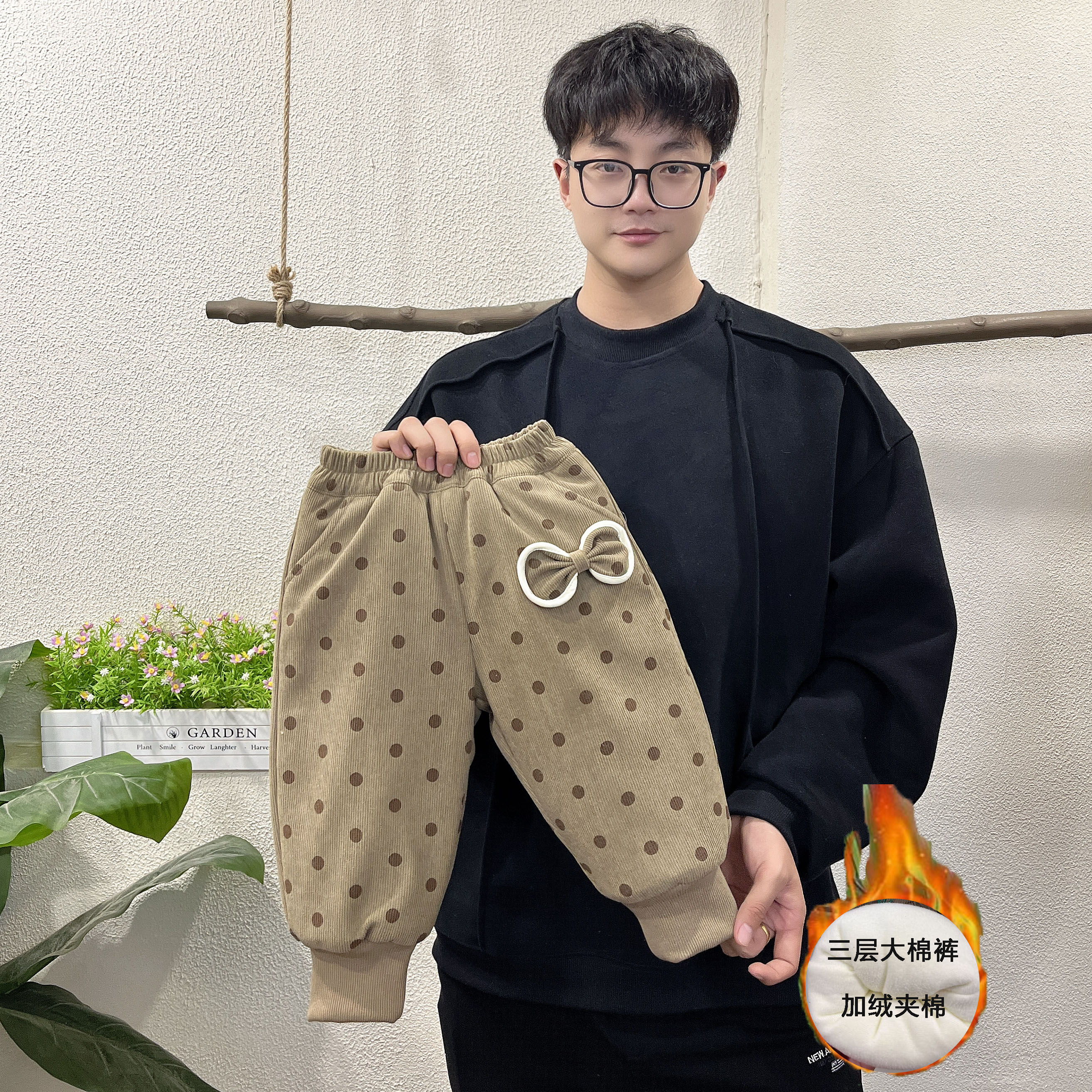 【三层棉裤】2025冬季加绒加厚棉裤新款女中小童洋气波点蝴蝶结棉裤