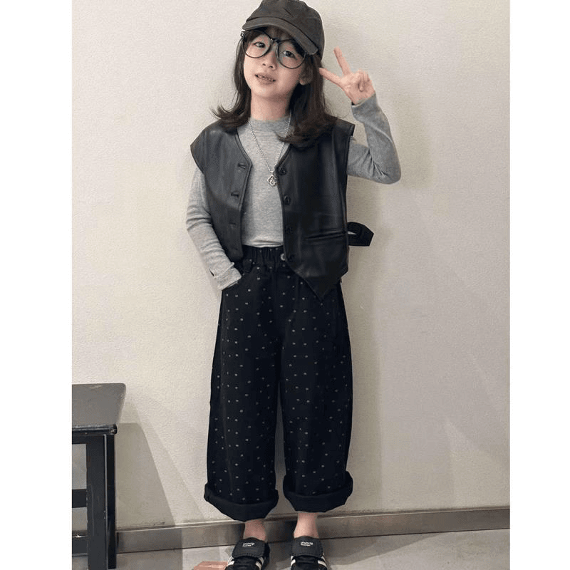 韩国童装2025新款秋装女童套装中大童时髦打底衫皮衣马甲牛仔裤潮