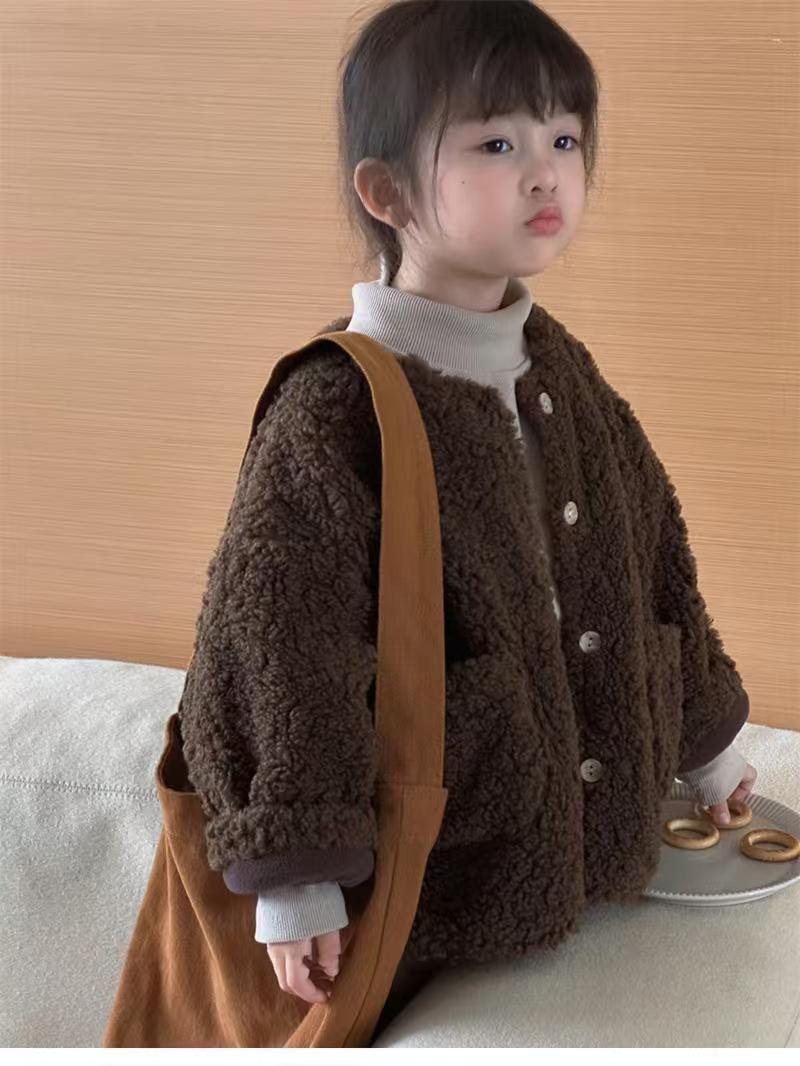女童男童加绒外套新品2024洋气加厚上衣时尚百搭羊羔毛潮版韩系潮