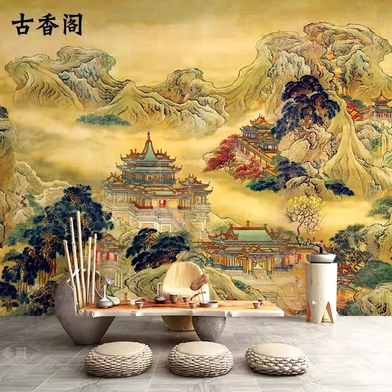 蓬莱仙境图佛堂壁布祥云图案贴画仙道佛中堂画布道家寺庙壁纸定制