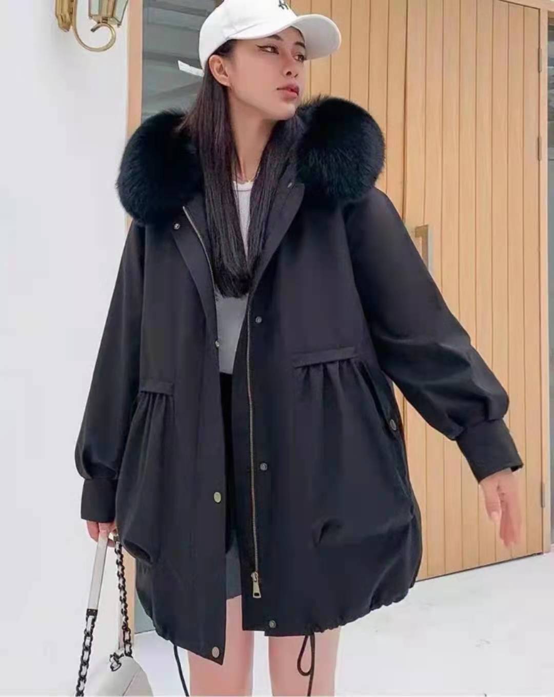 大毛领派克服休闲女式百搭兔皮毛内胆可拆卸宽松连帽