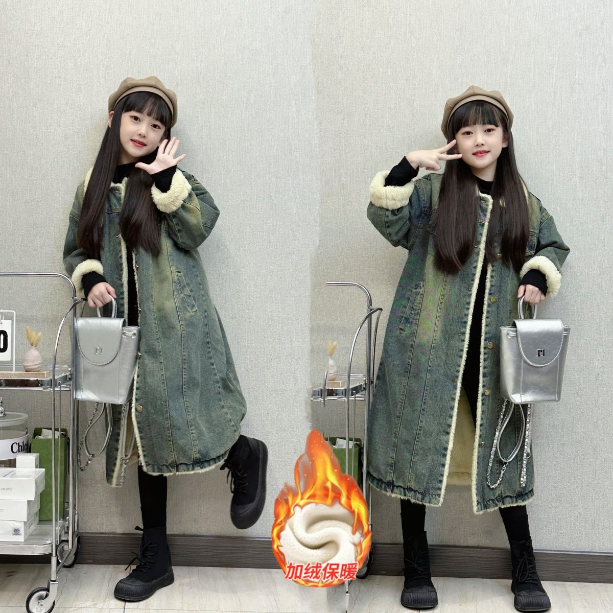 冬季加绒长款牛仔外套时髦大衣加厚冬装女童2023新款风衣潮