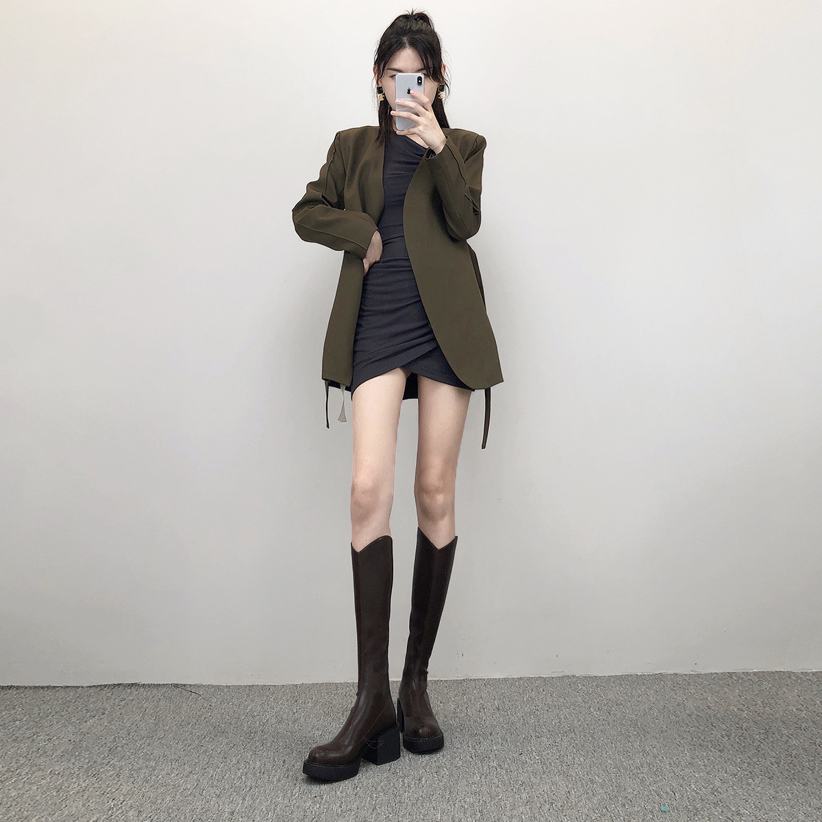 2024秋冬款粗跟长筒靴子女新款不过膝长靴春高跟骑士靴厚底瘦瘦靴