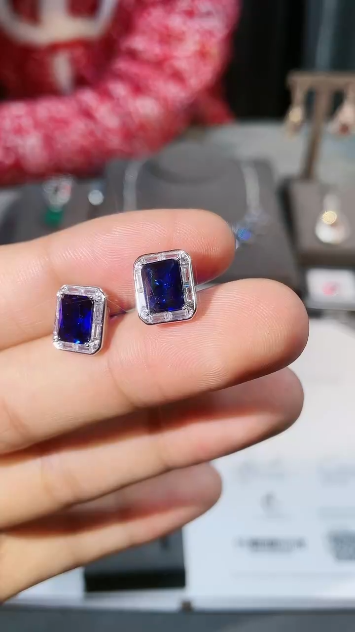 【闪购商品】蓝宝石耳钉未镶嵌方耳钉蓝111