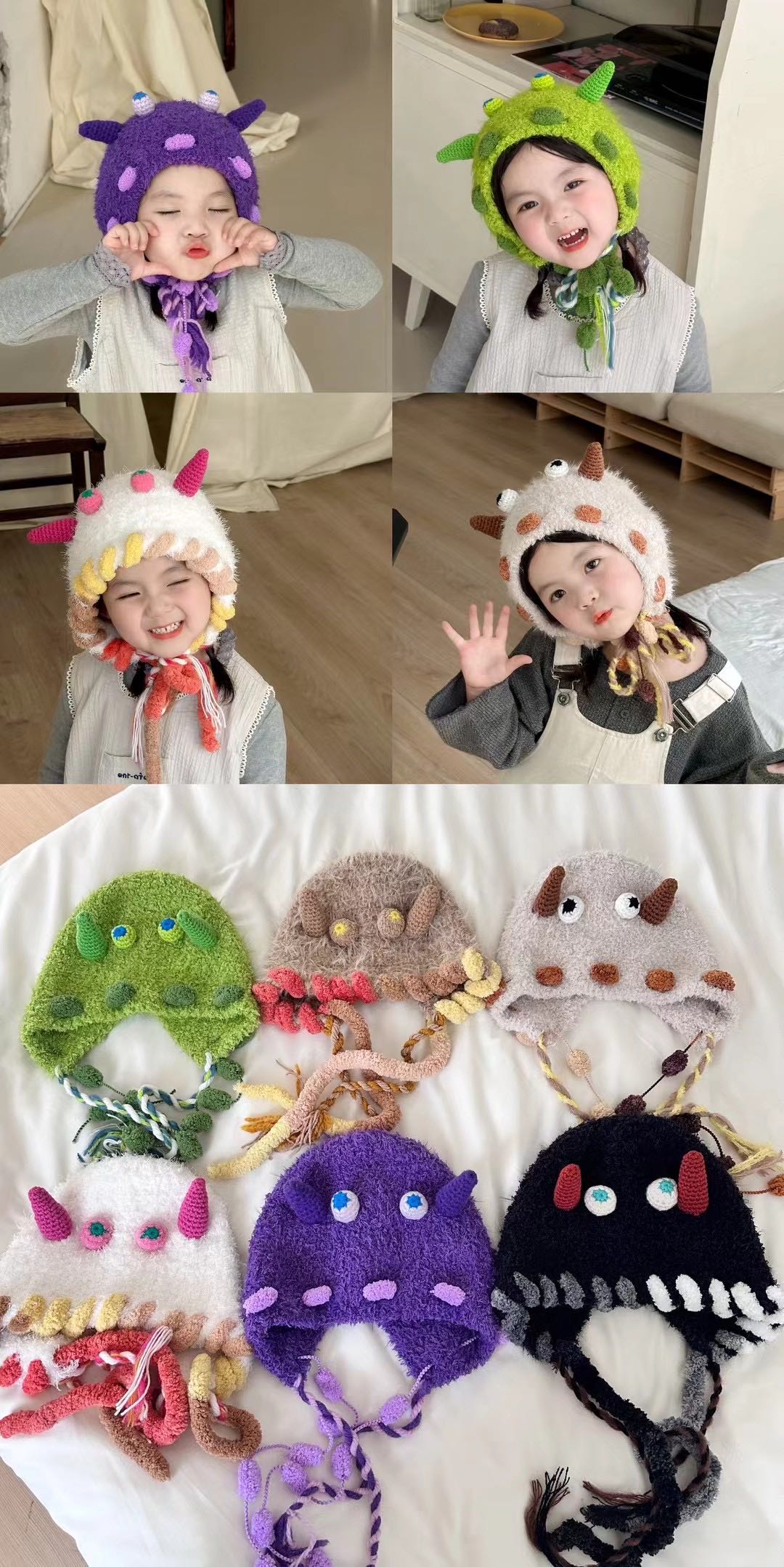 儿童手工编织小怪兽护耳帽冬季保暖毛线帽可爱卡通
