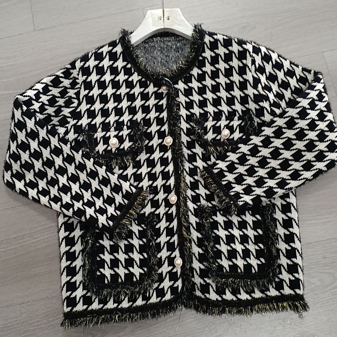 2210-秋冬新款千鸟格宽松名媛显瘦百搭毛衣仿水貂绒针织外套