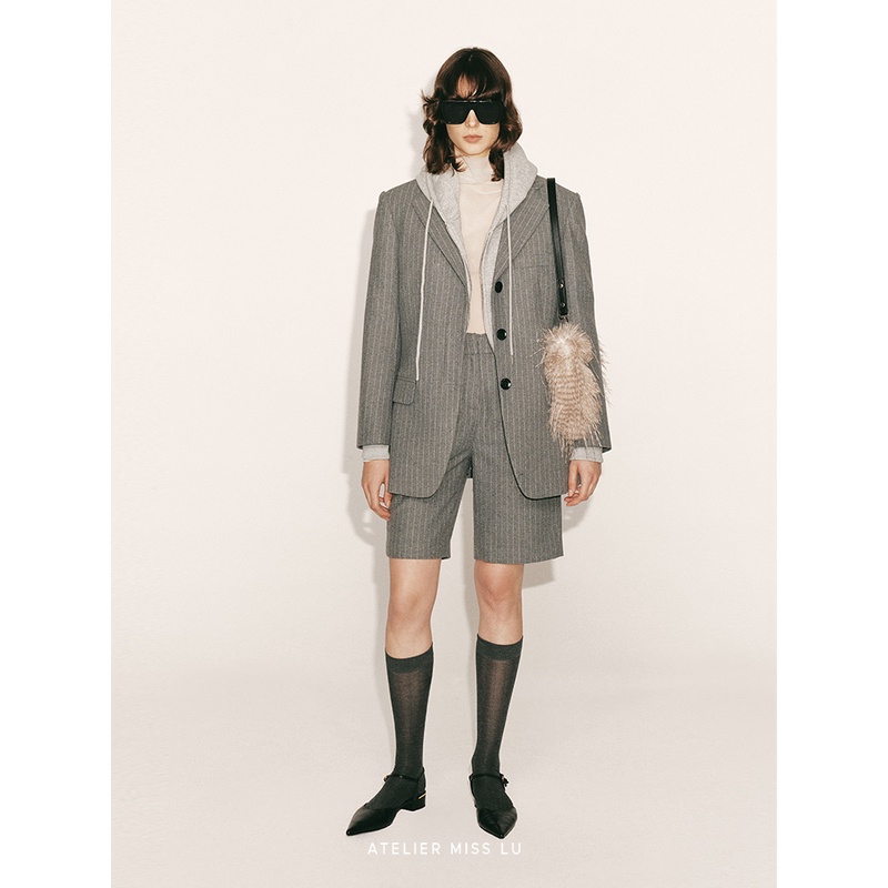 AtelierMissLu【雾灰河畔】绵羊毛条纹西装中裤2300034B