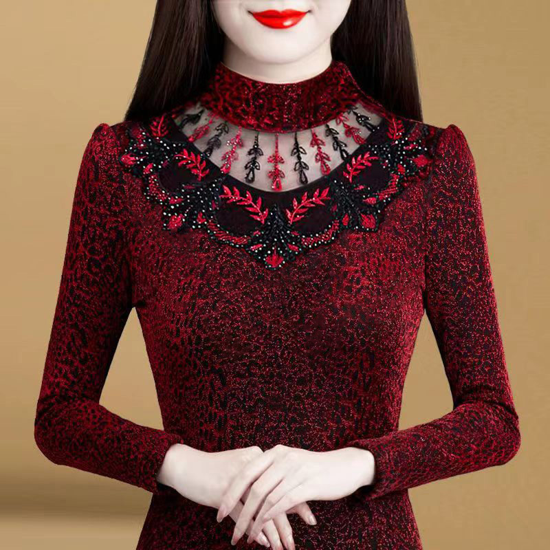 高端网纱上衣2023年新款加绒打底衫女秋冬洋气百搭女人味保暖小衫