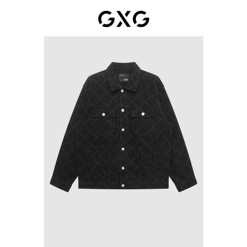 GXG男装秋季设计师牛仔夹克长袖翻领休闲印花外套#GED1E818873