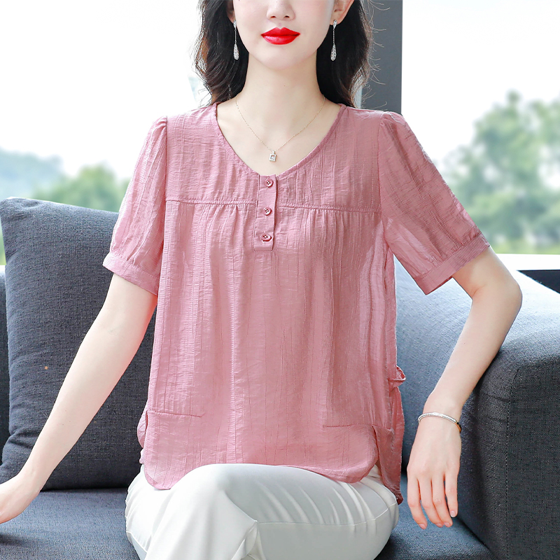 妈妈夏装薄款宽松V领短袖雪纺衫女夏季2024新款洋气减龄短款上衣