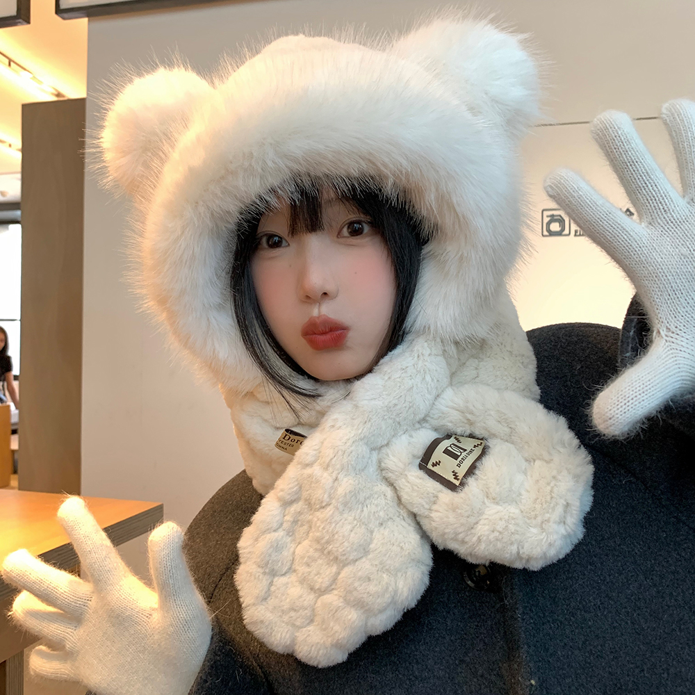 小熊帽子女秋冬季可爱毛绒帽加厚保暖围巾一体连帽围脖手套