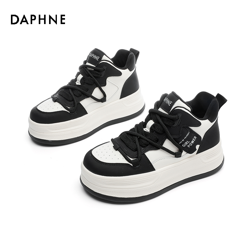 Daphne/达芙妮新款秋季拼色ins爆款厚底板鞋圆头系带小白鞋wz