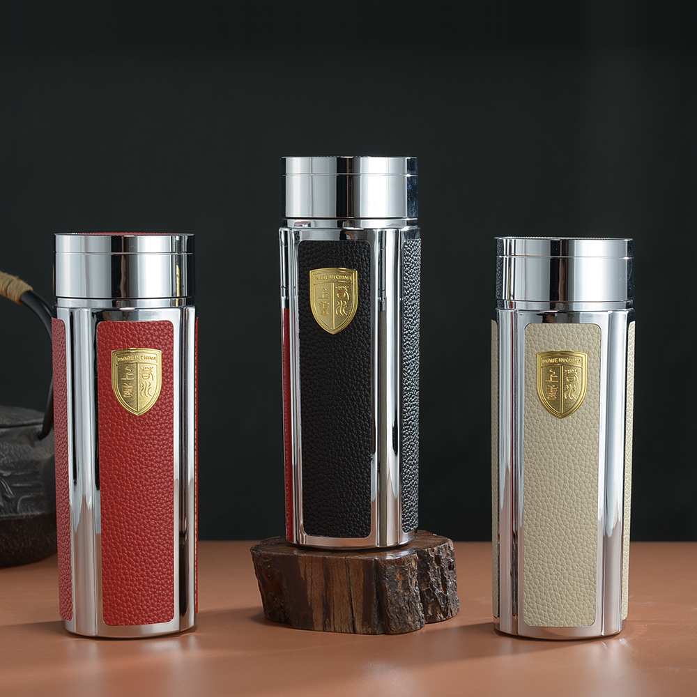 经典皮纹杯银杯商务创意过滤高端高档送礼大容量真空银离子保温杯