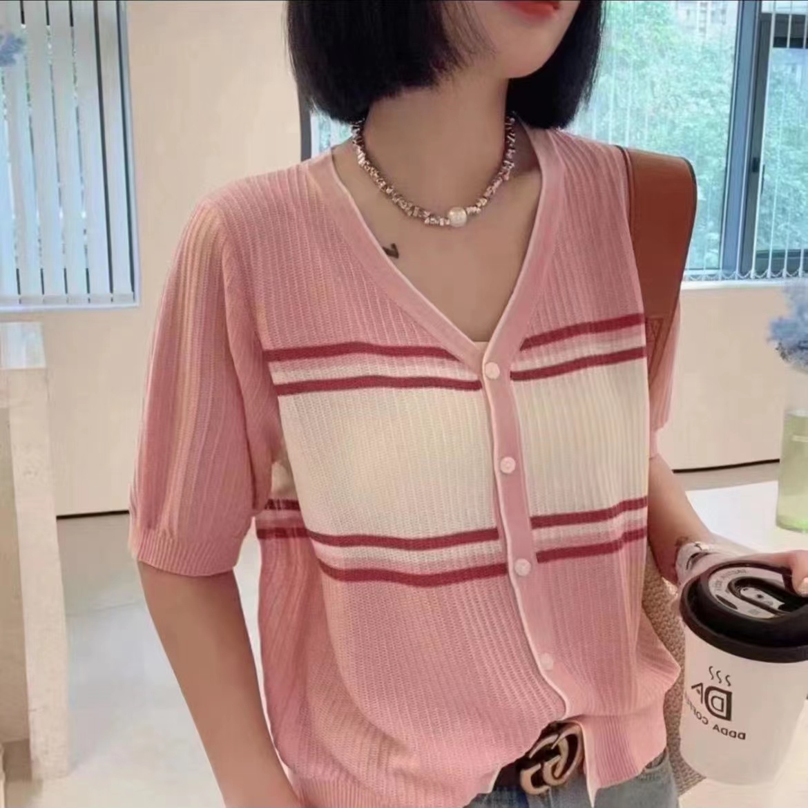 宽窄三色条纹拼色坑条V领开衫夏季薄款宽松韩版针织232