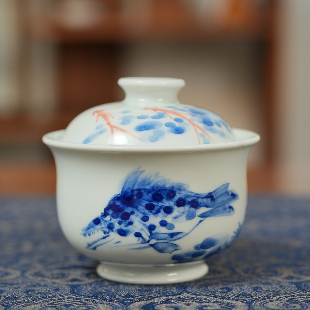 【栗子严选】鲑鱼盖碗套装  中式陶瓷手绘泡茶器（moshe243）