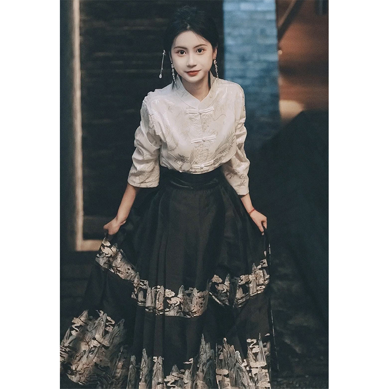 新中式国风马面裙女日常半身裙秋冬2023新款改良长款明制汉服套装