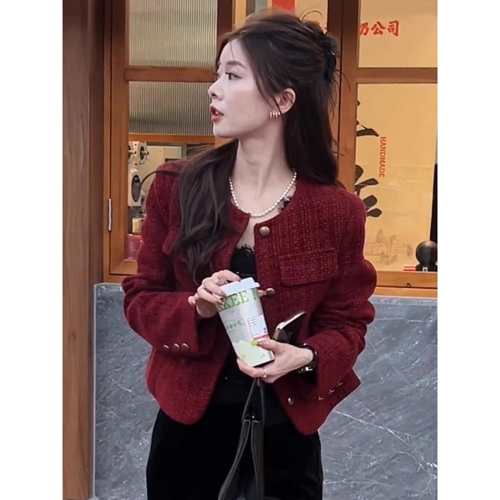 红色小香风外套女2023新款爆款秋冬季小个子气质高级感超好看上衣