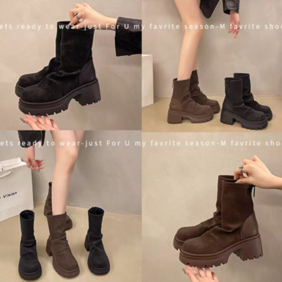 增高厚底短靴女英伦风中筒绒面弹力瘦瘦靴168-83