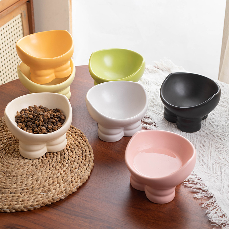 元宝宠物碗 保护颈椎 高脚斜口 治愈造型 奶油色系光滑釉面易清洗
