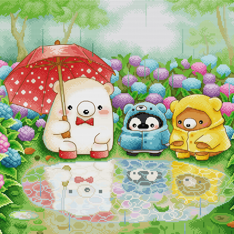 春天十字绣2025刺绣手工线绣可爱卡通动物客厅满绣小白熊雨中倒影