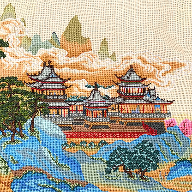 春天十字绣 客厅经典收藏名画苓岩绮阁新款线绣书房大幅手工