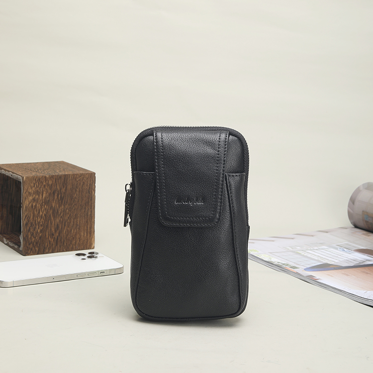 男士真皮单肩包手机包头层牛皮百搭腰包简约小挎包黑色竖款小腰包