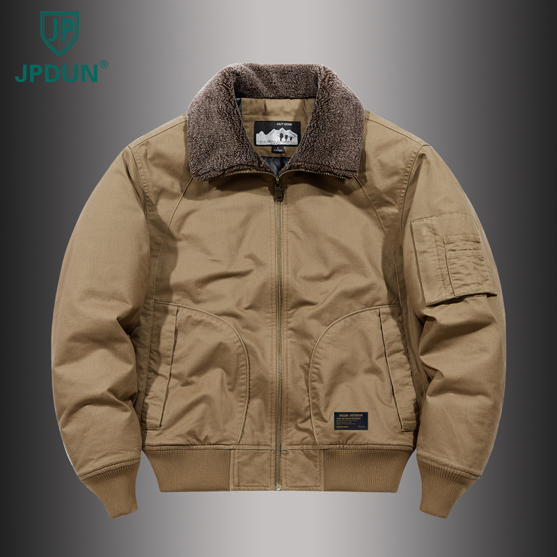JPDUN加绒加厚棉衣男秋冬季翻领夹克棉服中年大码防风外套