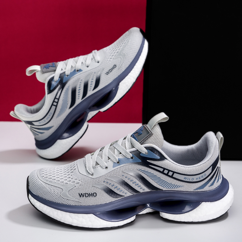 春季休闲运动鞋爆米花真爆底减震软底系带透气飞织男鞋轻便防滑鞋