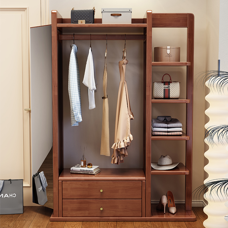 家用实木衣帽架折叠落地镜客厅多功能挂衣架穿衣镜一体储物置物架