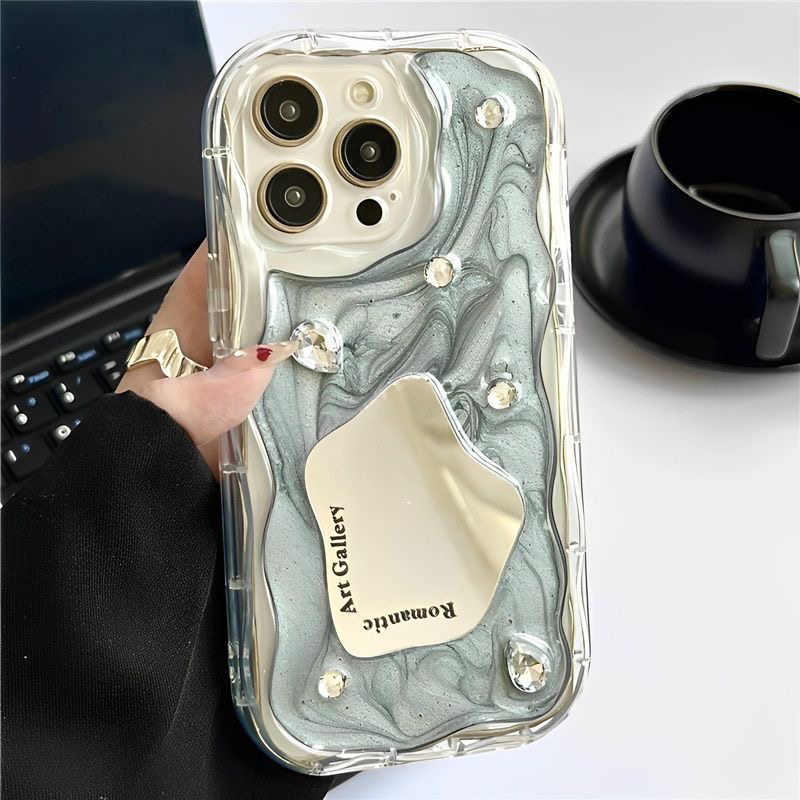 水墨晕染几何镜面适用iphone14pro苹果13手机壳11水钻12pro补妆13