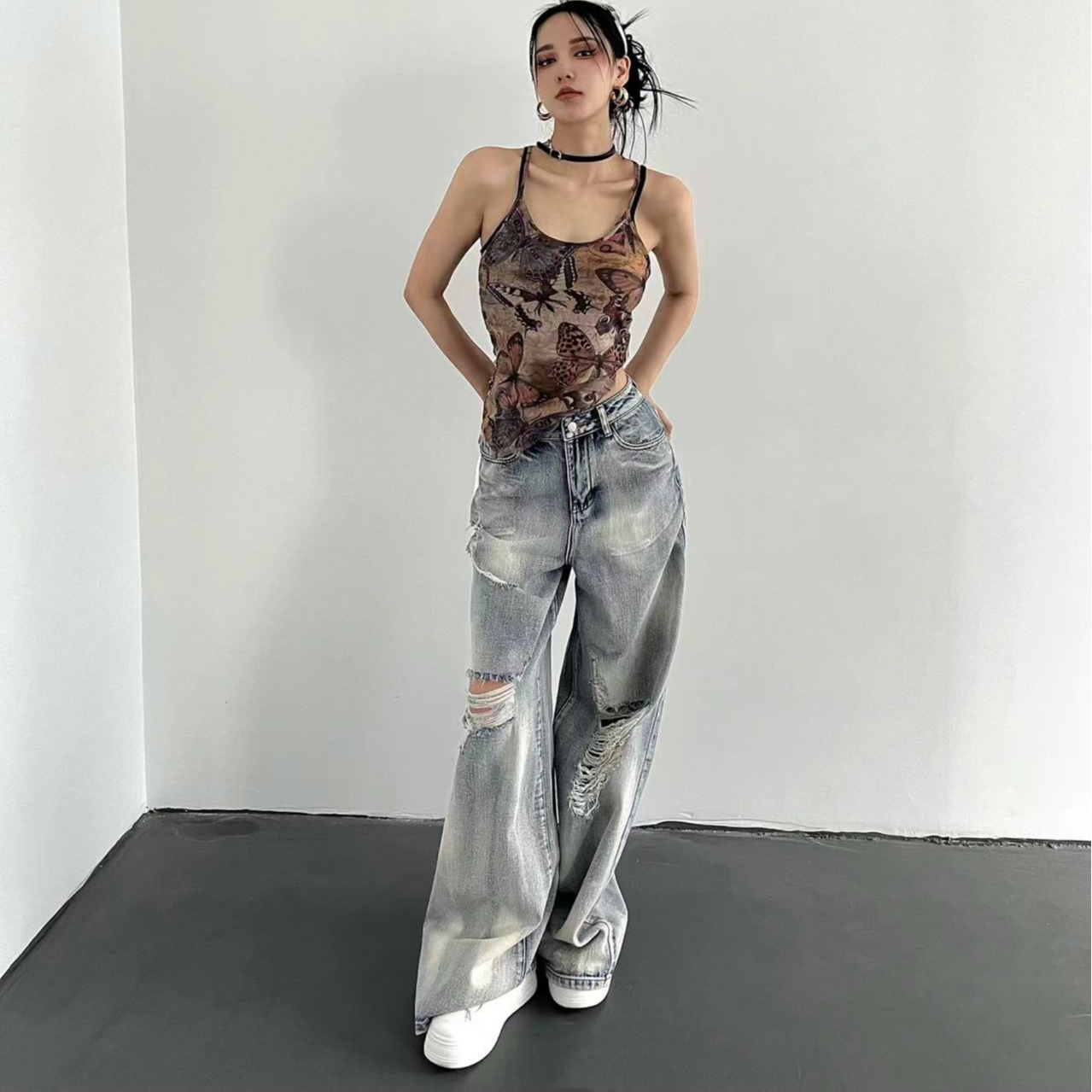 109-199高个子宽松高腰阔版辣妹牛仔裤