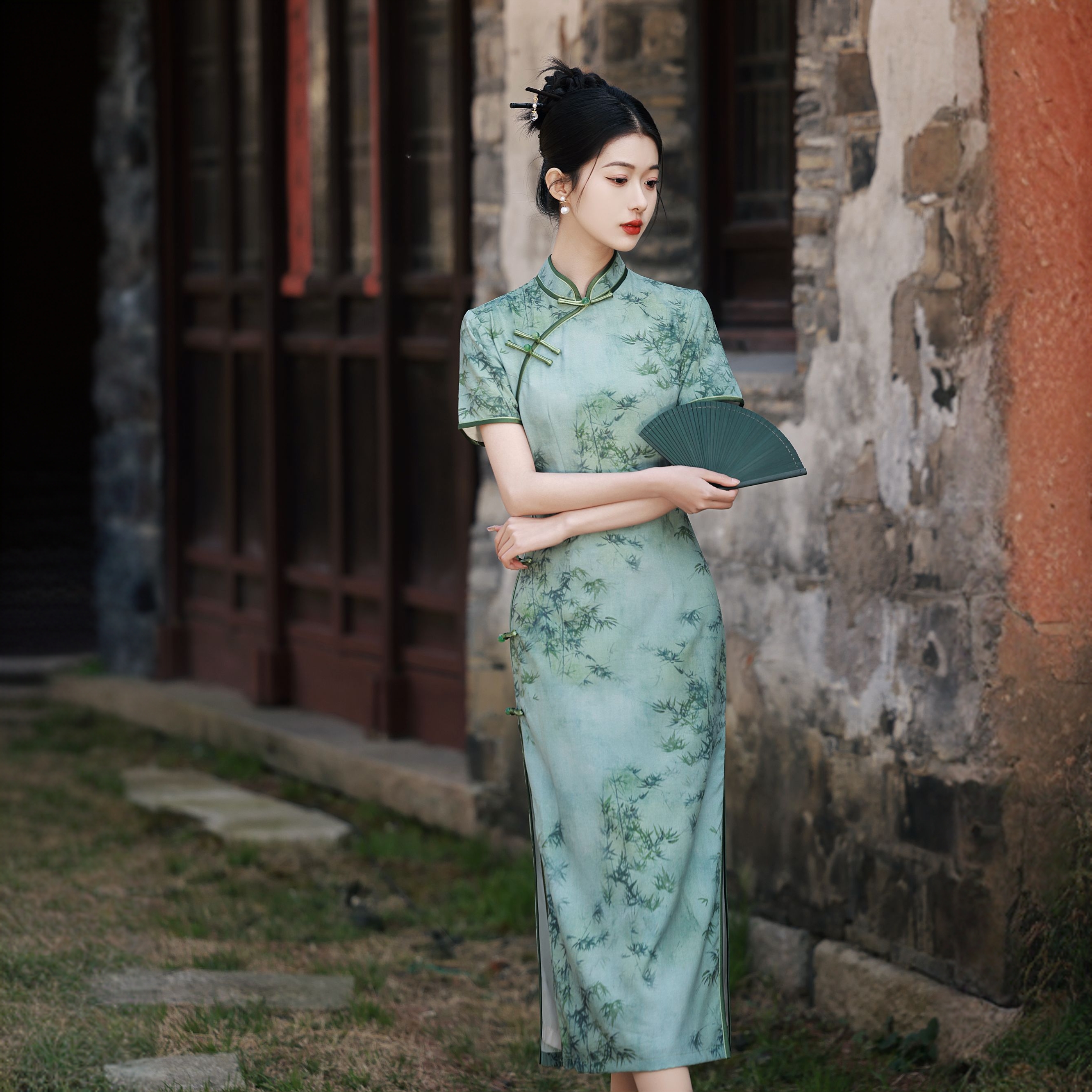 绿色竹子旗袍气质夏季少女复古中长款日常优雅中式修身显瘦时尚