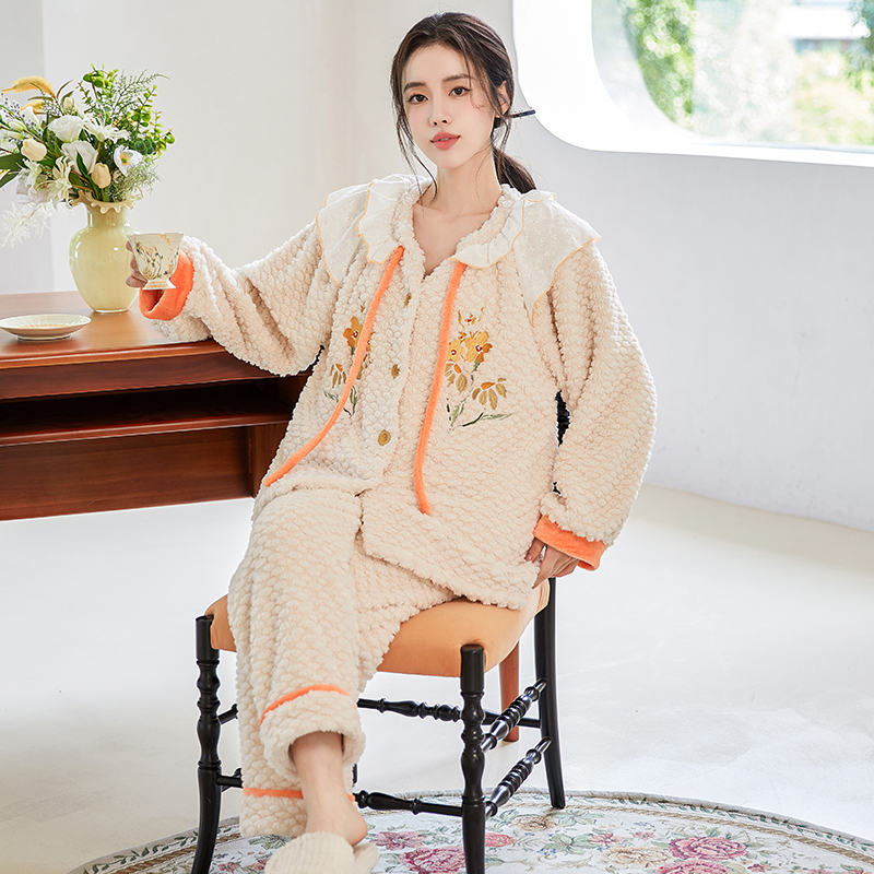 【松子壳】提花绒泡泡袖睡衣女冬款睡衣加绒加厚可爱甜美家居服套装