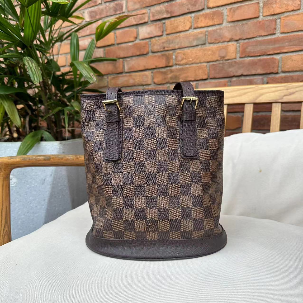 95新 LouisVuitton/路易威登 棋盘格小水桶肩包经典老花中古